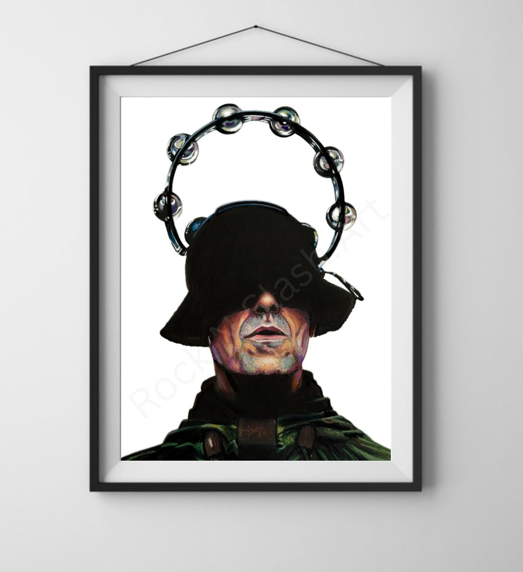 Liam Gallagher with his tambourine on his head Art Print